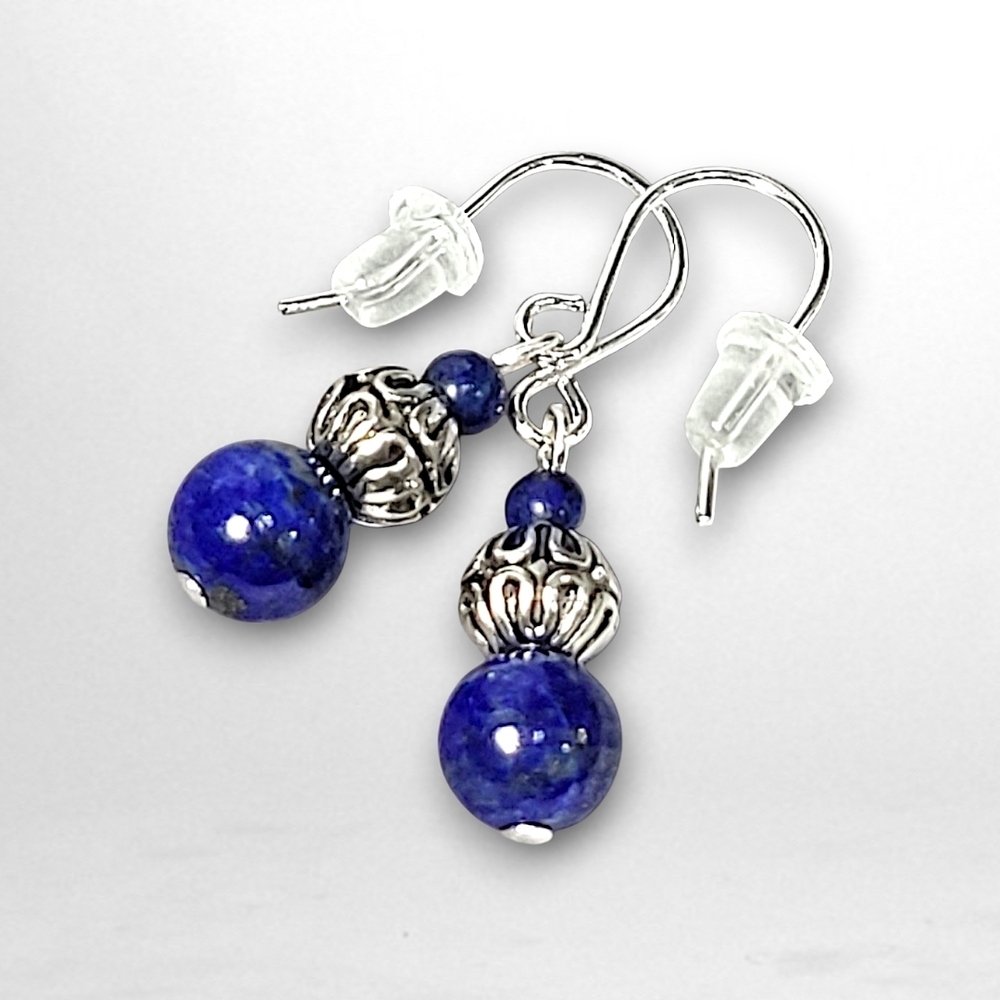 Hand Crafted Lapis Drop Earrings Lazuli Dainty Silver Tone - Picture 1 of 5